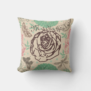 Personalized Vintage Floral Rose Garden Throw Pillow