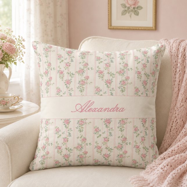 Personalized Vintage Floral Rose Monogram Throw Pillow (elegant classic vintage grandmillennial pink coquette rose floral throw pillow with custom monogram)