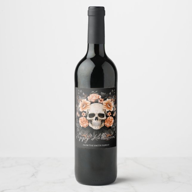Personalized Vintage Floral Skull Halloween Wine Label (Front)