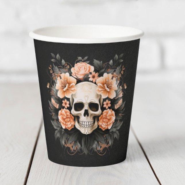 Personalized Vintage Floral Skull Paper Cups (Add a little elegance to your Halloween party with these spooky skull paper cups.)