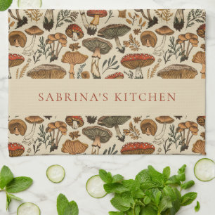 Personalized Vintage Forest Mushroom Pattern Kitchen Towel