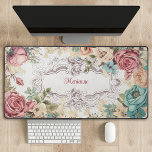 Personalized Vintage French Floral  Desk Mat<br><div class="desc">Elegant,  girly and feminine design featuring delicate French Rococo style etched floral label surrounded by vintage pink,  cream and teal roses on an eggshell background with subtle faux watercolor paper texture. Includes editable text field for your personalized name,  monogram or text.</div>