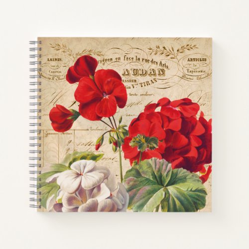 Personalized Vintage French Red  White Floral   N Notebook