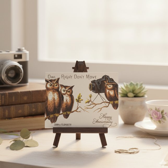 PERSONALIZED VINTAGE FUNNY OWLS HAPPY ANNIVERSARY HOLIDAY POSTCARD (Creator Uploaded)