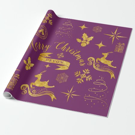 Personalized Vintage Gold & Purple Christmas Wrap Wrapping Paper