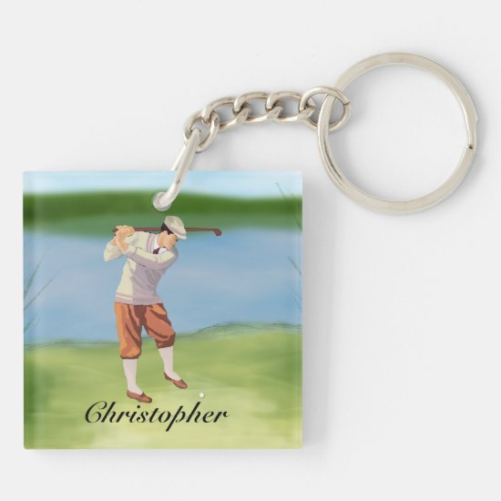 Personalized Vintage Golfer by the Riverbank Keychain