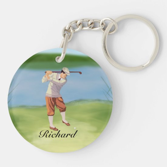 Personalized Vintage Golfer by the Riverbank Keychain