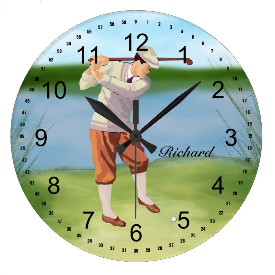 Personalized Vintage Golfer by the Riverbank Large Clock