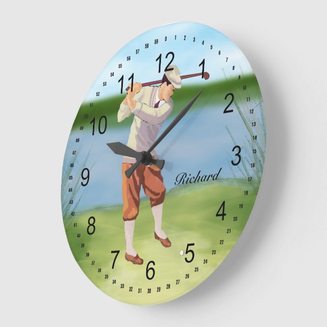 Personalized Vintage Golfer by the Riverbank Large Clock (Angle)