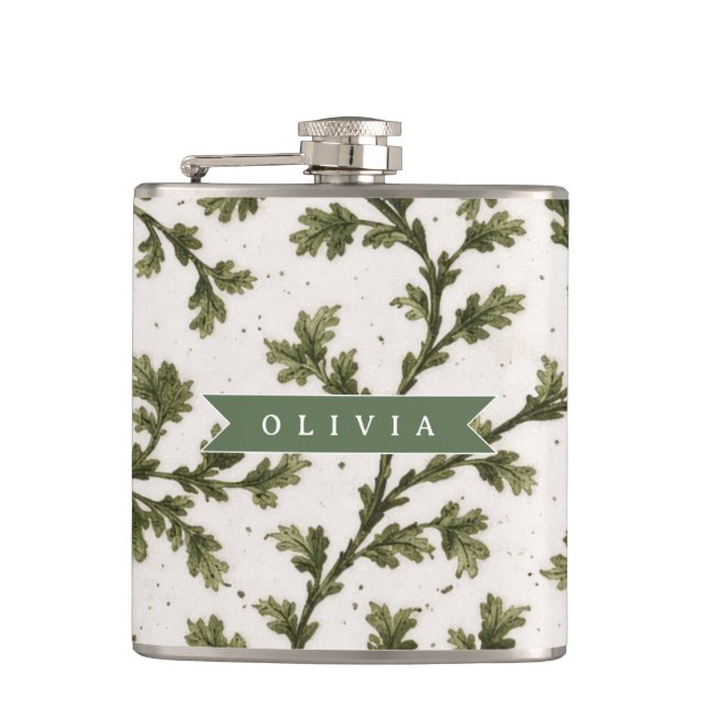 Personalized Vintage Green Garden Botanical Rustic Flask (Front)