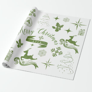 Personalized Vintage Green & White Christmas Wrap Wrapping Paper