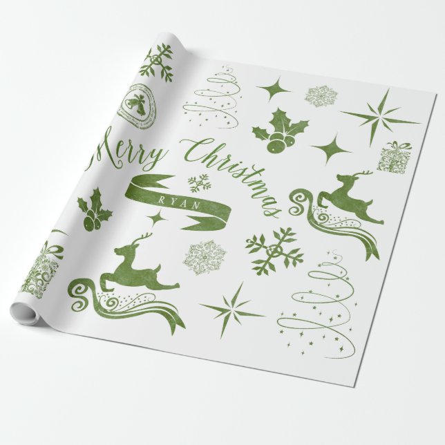 Personalized Vintage Green & White Christmas Wrap Wrapping Paper (Unrolled)