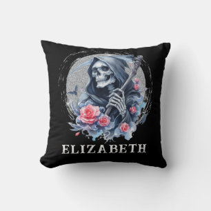 Personalized Vintage Grim Reaper Floral Glitter Throw Pillow