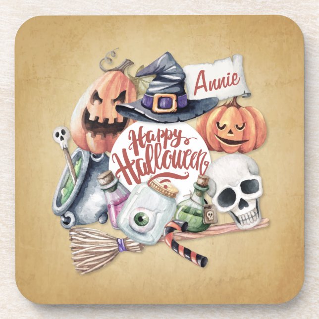 Personalized Vintage Happy Halloween | Coaster (Front)