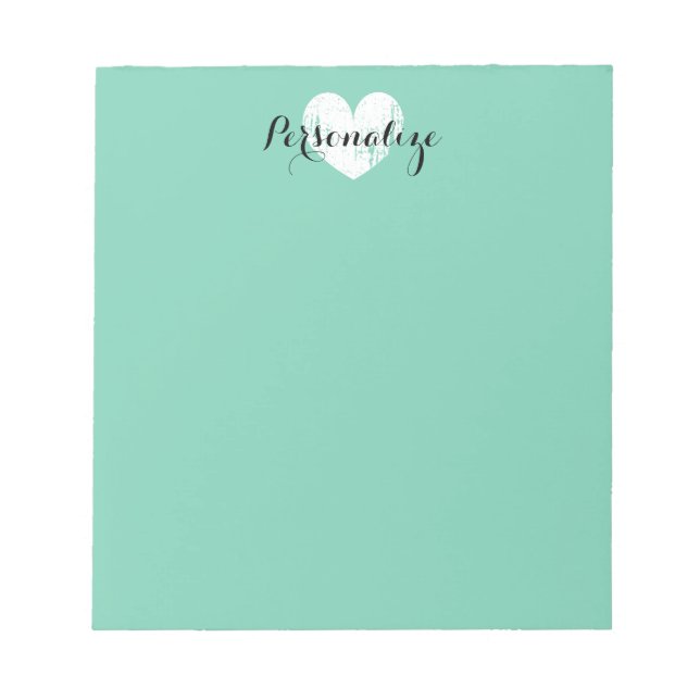Personalized vintage heart mint green notepad (Front)