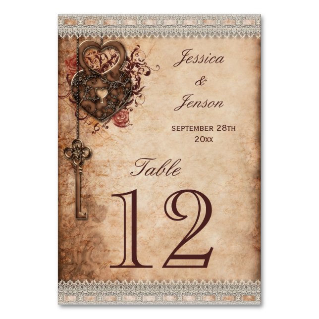 Personalized Vintage Hearts Lock and Key Table Number (Front)