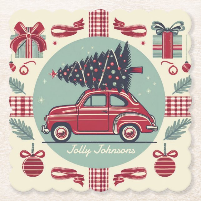 Personalized Vintage Holiday Retro Christmas Car Paper Coaster (Front)