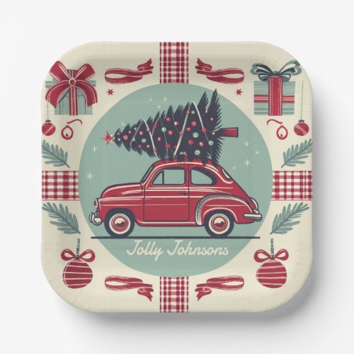 Personalized Vintage Holiday Retro Christmas Car Paper Plates