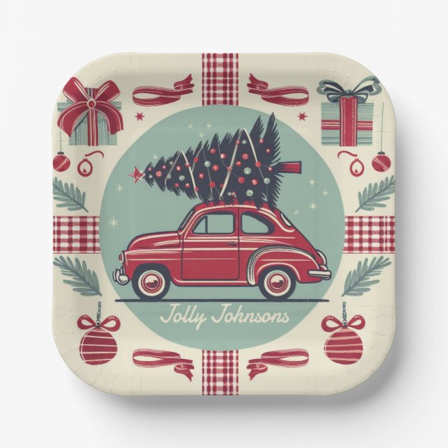 Personalized Vintage Holiday Retro Christmas Car Paper Plates (Front)
