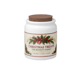 Personalized Vintage Holly Christmas Treat Jar