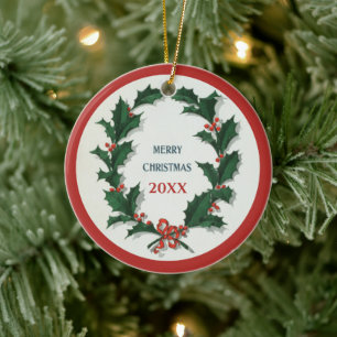 Personalized Vintage Holly Wreath Merry Christmas Ceramic Ornament