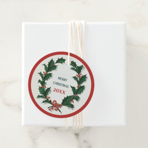 Personalized Vintage Holly Wreath Merry Christmas Favor Tags