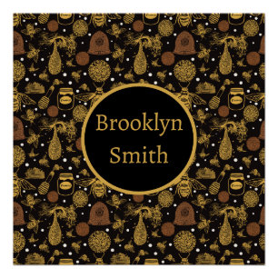 Personalized Vintage Honey Bumblebee Black Poster