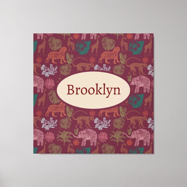 Personalized Vintage Jungle Safari Pink Canvas Print (Front)