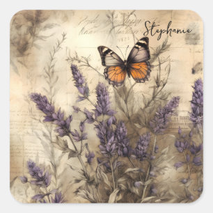Personalized Vintage Lavender Butterfly Art Square Sticker