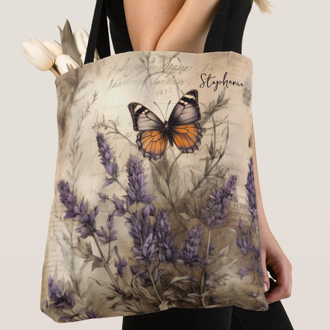 Personalized Vintage Lavender Butterfly Art Tote Bag (Creator Uploaded)