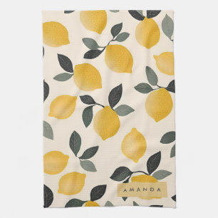 Personalized Vintage Lemons with Green Leaves Kitchen Towel