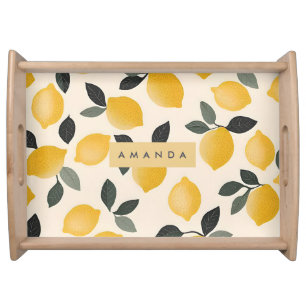 Personalized Vintage Lemons with Green Leaves Serving Tray