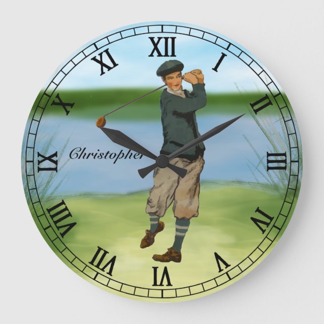 Personalized Vintage look Golfer Golf  swing Large Clock (Front)