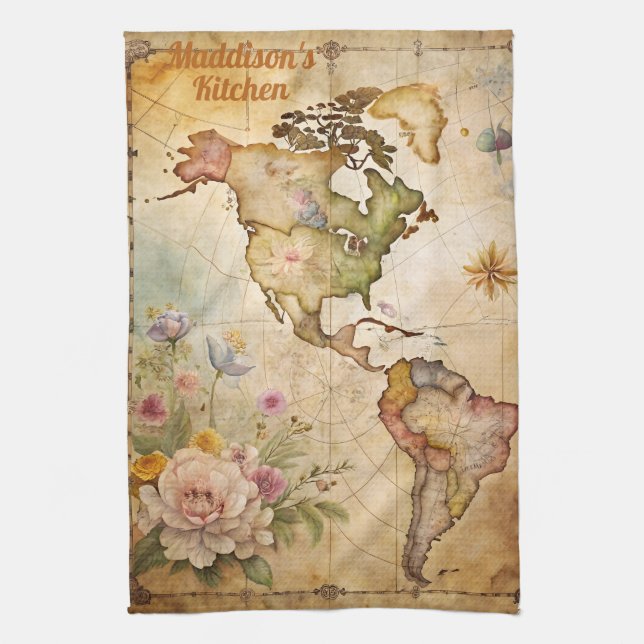Personalized Vintage Map Kitchen Towel (Vertical)