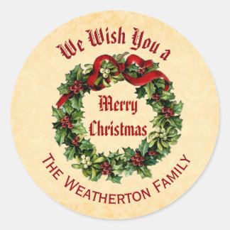 Personalized Vintage Merry Christmas Wreath A01 Classic Round Sticker