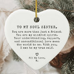 Personalized Vintage Minimal Soul Sister Christmas Ceramic Ornament<br><div class="desc">Celebrate the cherished bond of friendship with the Personalized Vintage Minimal Soul Sister Christmas Ceramic Ornament. Featuring a classic vintage design and crafted in the shape of a heart, this elegant ornament is the perfect way to express your love and appreciation for your best friend. The personalized message adds a...</div>