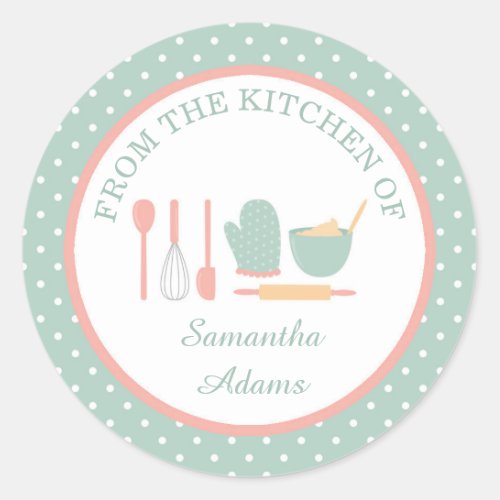 Personalized Vintage Mint and Pink Baking Kitchen Classic Round Sticker