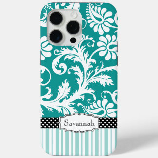 Personalized Vintage Mint Green Damask iPhone 15 Pro Max Case