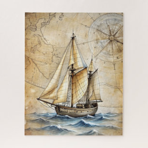 Personalized Vintage Nautical Ship w/ Antique Map Jigsaw Puzzle