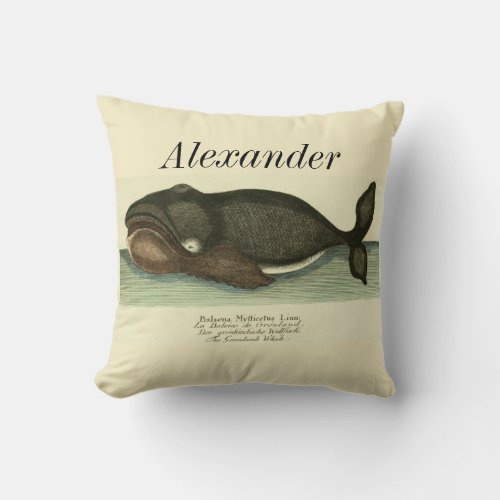 Personalized Vintage Nautical Whale Watercolor Throw Pillow