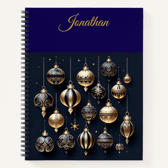 Personalized Vintage Navy Blue and Gold Christmas  Notebook (Front)
