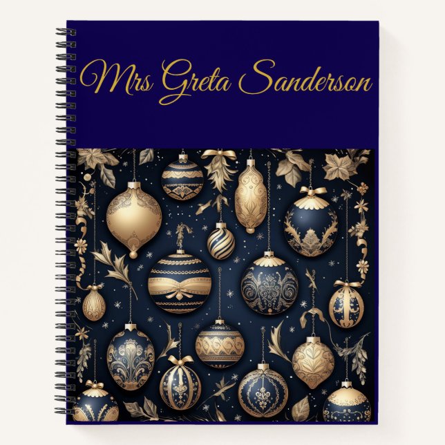 Personalized Vintage Navy Blue and Gold Christmas  Notebook (Front)