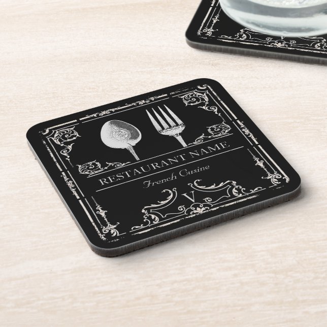 Personalized Vintage Ornate Silverware Restaurant Drink Coaster (Left Side)