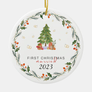 Personalized Vintage Our First Christmas Married Ceramic Ornament