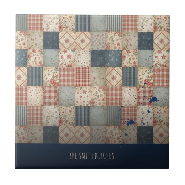 Personalized Vintage Patchwork Family Kitchen Ceramic Tile (Front)