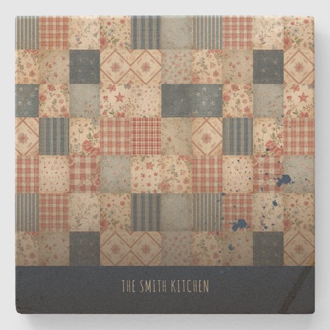 Personalized Vintage Patchwork Family Kitchen Stone Coaster (Front)