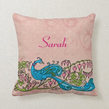 Personalized Vintage Peacock On Pink Throw Pillow by BabiesGalore at Zazzle