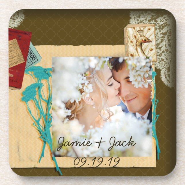 Personalized Vintage Photo Collage Coaster (Front)