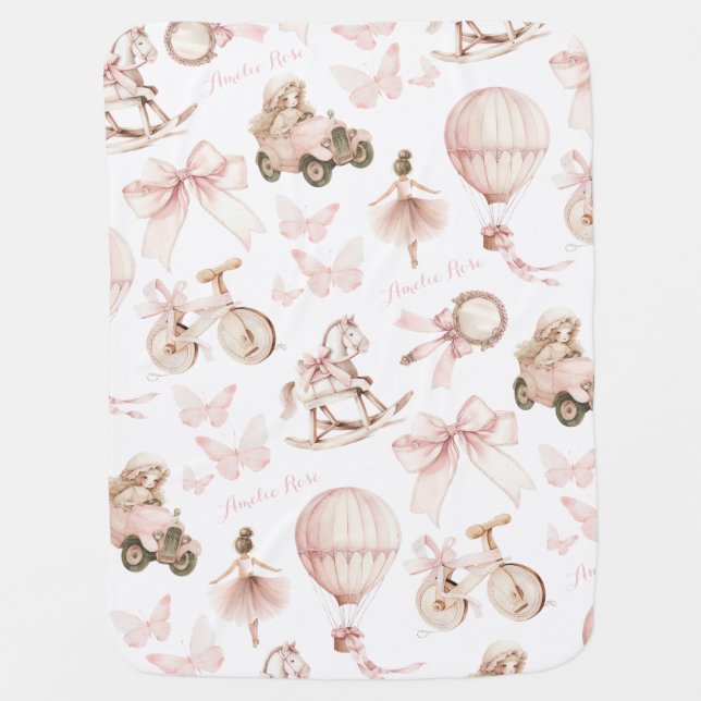 Personalized Vintage Pink Nursery Custom Name Baby Blanket (Front)