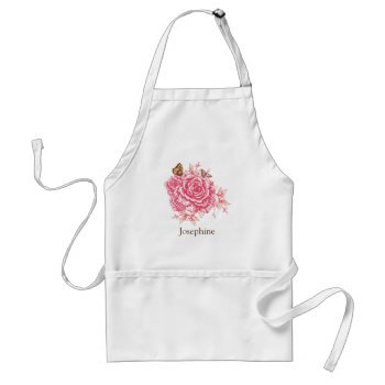 Personalized Vintage Pink Rose Butterfly Floral Adult Apron by PersonalizationShop at Zazzle